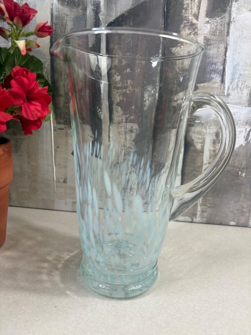 Vintage Artisan Studio Art Glass Hand Blown Beverage Pitcher Blue Rice Grain
